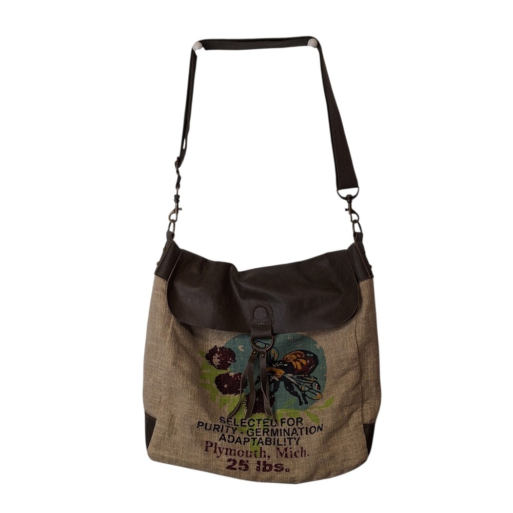 American Glory Bee Brand Messenger Bag Graphic Distressed Leather Linen Straps